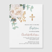 フローラの白い緑の金ゴールドは豪華な洗礼を越える マグネット招待状 (正面)