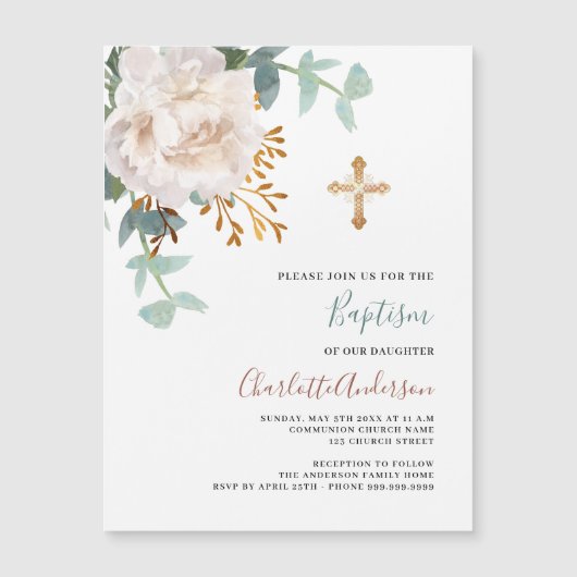 フローラの白い緑の金ゴールドは豪華な洗礼を越える マグネット招待状 (正面)