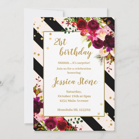 フローラの白黒ストライプ21歳の誕生日 招待状 (正面)