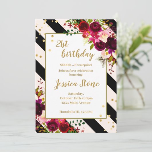 フローラの白黒ストライプ21歳の誕生日 招待状 (スタンド正面)
