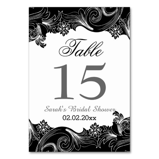 フローラの白黒パーソナライズされたの表 テーブルナンバー (裏面)
