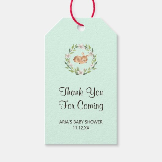 フローラの眠る鹿の緑の赤ちゃんシャワーの好意 ギフトタグ (正面)