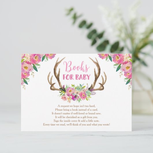 フローラの素朴なアンティーラーの女の子の本の赤ちゃんシャワー エンクロージャーカード (スタンド正面)