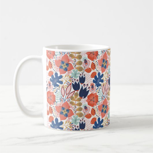 フローラの継ぎ目のないパターンを白にします。抽象芸術 コーヒーマグカップ (左)