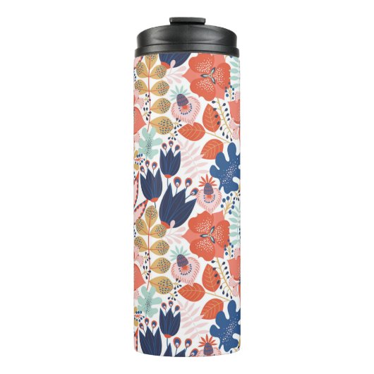 フローラの継ぎ目のないパターンを白にします。抽象芸術 タンブラー (正面)