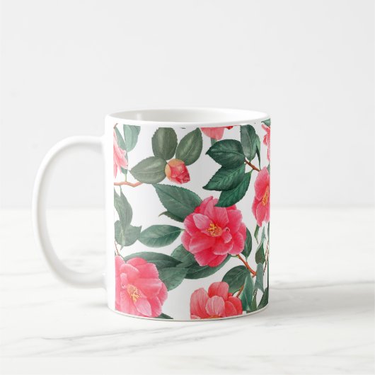 フローラの継ぎ目のない模様、赤い椿の花 コーヒーマグカップ (左)