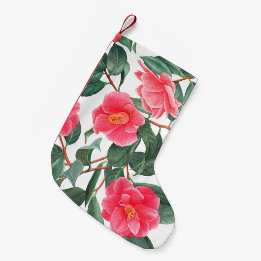 フローラの継ぎ目のない模様、赤い椿の花 スモールクリスマスストッキング (正面 (吊り時))