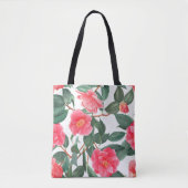 フローラの継ぎ目のない模様、赤い椿の花 トートバッグ (正面)