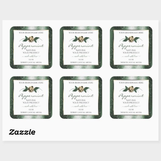 フローラの緑と金ゴールドフレームの白い製品ラベル スクエアシール (シート)