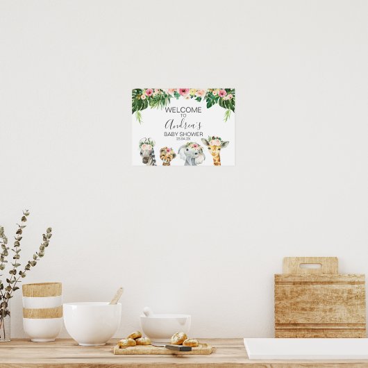 フローラの葉サファリ動物の赤ちゃんシャワーへようこそ ポスター (キッチン)