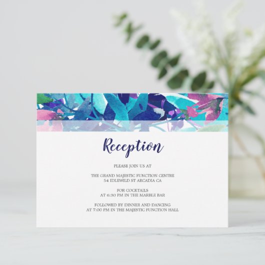 フローラの葉ネイビーアクアパープルウェディングレセプション エンクロージャーカード (スタンド正面)