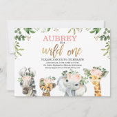 フローラの葉ワイルドワンサファリアニマルズ誕生日 招待状 (正面)