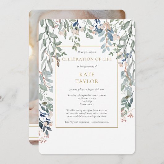 フローラの葉写真葬儀お祝い・オブ・ライフ 招待状 (正面/裏面)