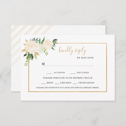 フローラの選択肢を持つ白い結婚式の出欠 出欠カード (正面/裏面)
