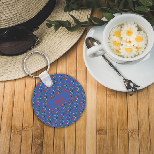 フローラの青いパターンのワイルドフラワー名Keychain キーホルダー