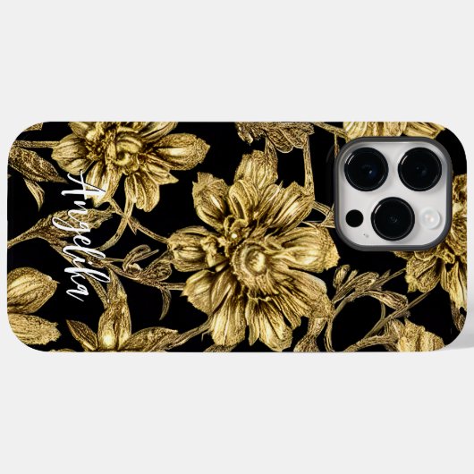 フローラの黒と金ゴールドパーソナライズされた名 Case-Mate iPhoneケース (裏面 (横))