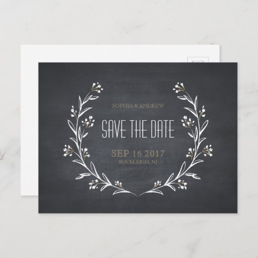 フローラの黒板の素朴な結婚式は日付を保存 案内ポストカード (正面/裏面)