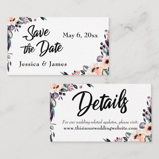 フローラはっきりしたのWatercolorとScript日付カードの保存 名刺 (正面/裏面)