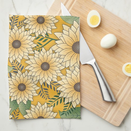 フローラはっきりしたイエローサニーサンフラワーガーデン キッチンタオル (四つ折り)