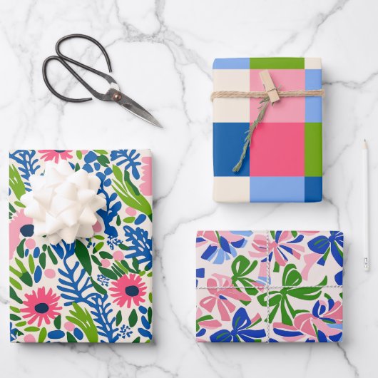 フローラはっきりしたスクエアボウ模様マクシマリストカラフル ラッピングペーパーシート (正面)