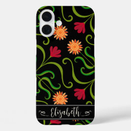 フローラはっきりしたダマスクスンフラワーボホブラックフォークアート iPhone 16 PLUSケース