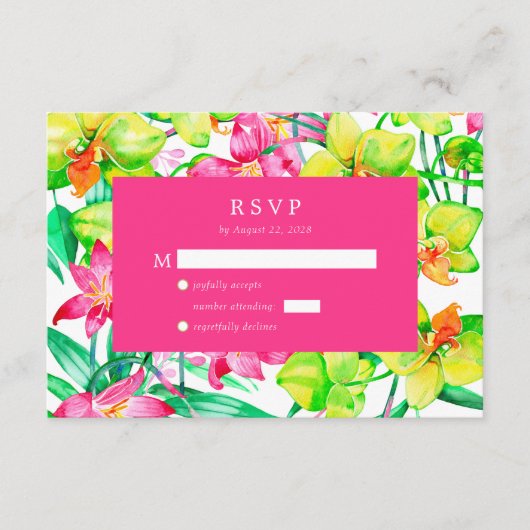 フローラはっきりしたピンクウォーターカラーウェディングRSVP エンクロージャーカード (正面)