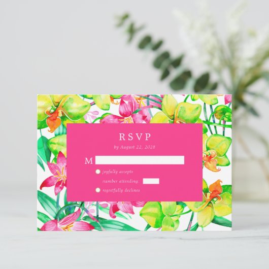 フローラはっきりしたピンクウォーターカラーウェディングRSVP エンクロージャーカード (スタンド正面)