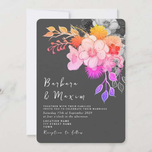 フローラはっきりしたピンク&ブラック結婚式招待状 招待状 (正面)