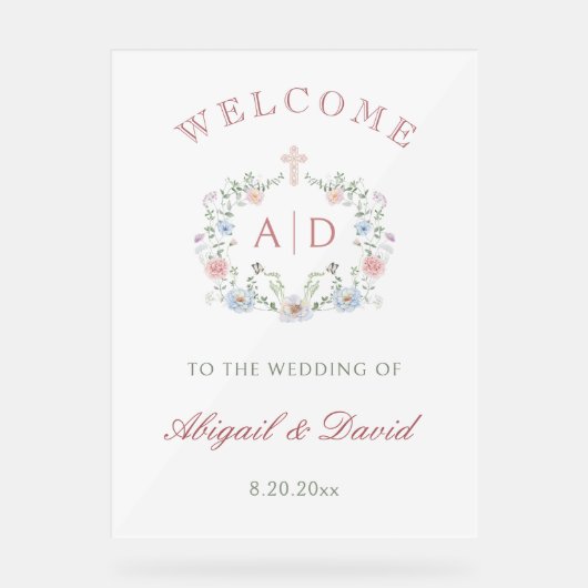 フローラは宗教の結婚モノグラムを歓迎 アクリルサイン (正面)