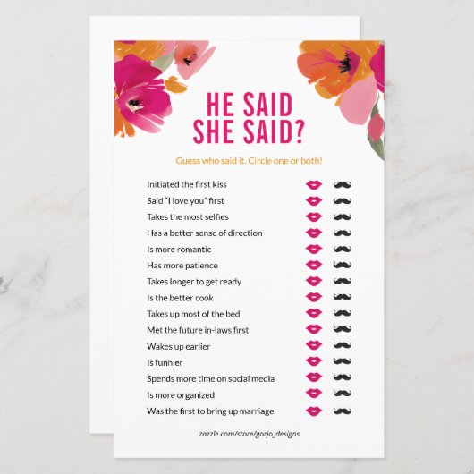 フローラは彼女がウェディングシャワーゲームカードを言った (正面/裏面)