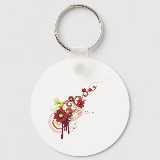 フローラは赤い花とハミングバードで渦巻く キーホルダー (正面)