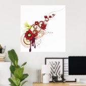 フローラは赤い花とハミングバードで渦巻く ポスター (ホームオフィス)