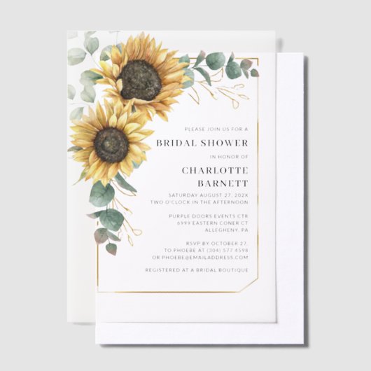 フローラひまわりエレガントユーカリブライダルシャワー ベラム紙招待状 (オフセット)