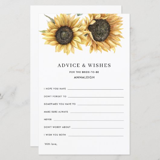 フローラひまわりブライダルシャワーアドバイスカード (正面/裏面)