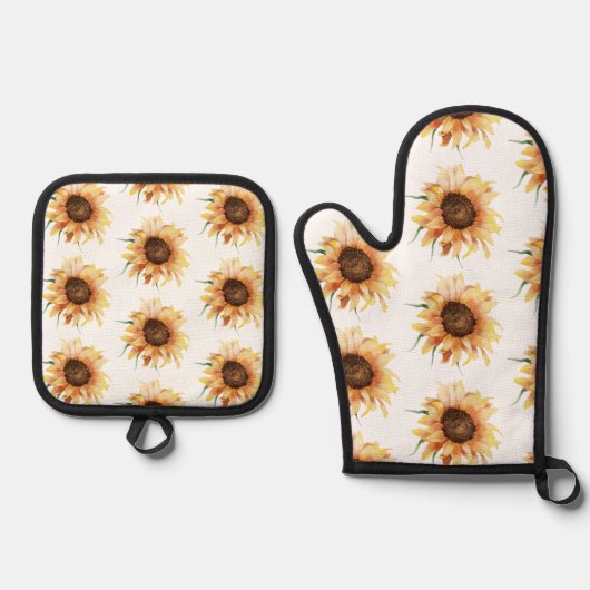フローラひまわり水彩模様 鍋つかみ&鍋敷きセット (正面)