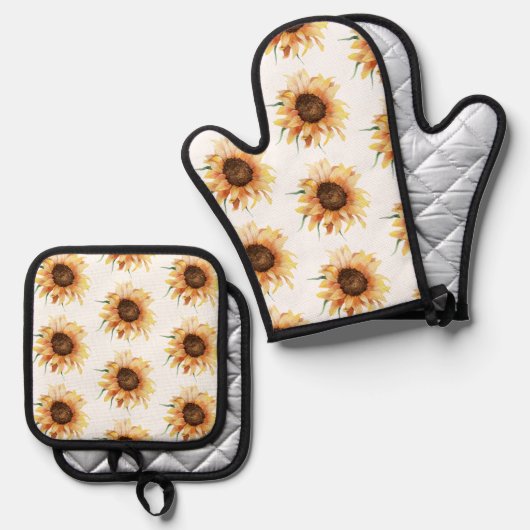 フローラひまわり水彩模様 鍋つかみ&鍋敷きセット (正面/裏面)