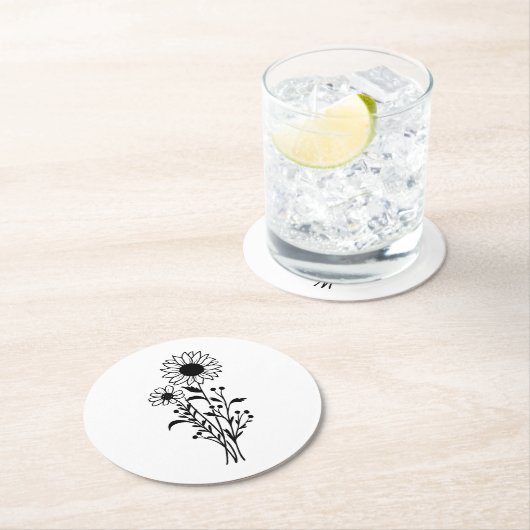 フローラひまわり白黒結婚披露宴 ラウンドペーパーコースター (インサイチュ)