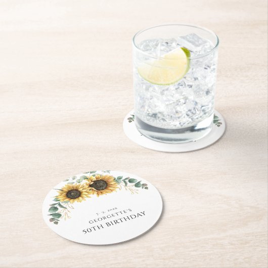フローラひまわり緑50誕生日スワッグ ラウンドペーパーコースター (インサイチュ)