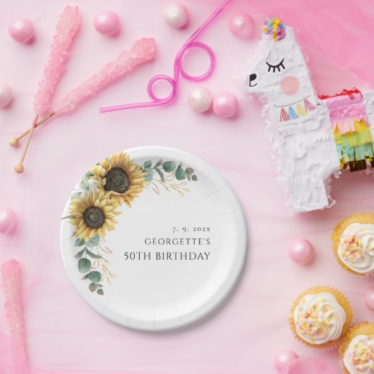 フローラひまわり緑50誕生日 ペーパープレート (パーティー)