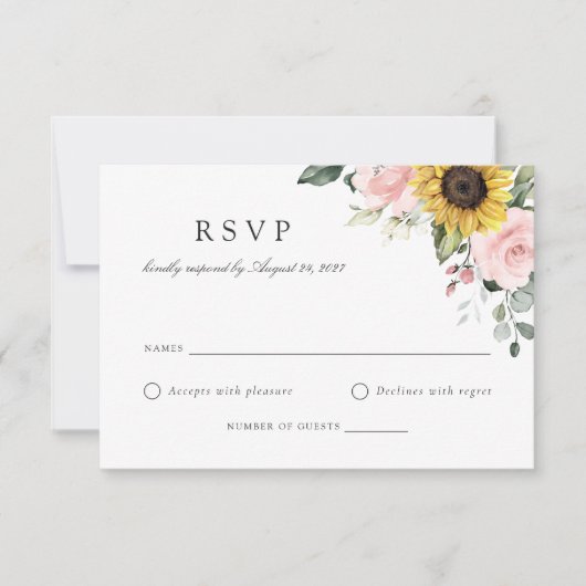 フローラひまわり赤面ピンクウェディングRSVPカード 招待状 (正面)