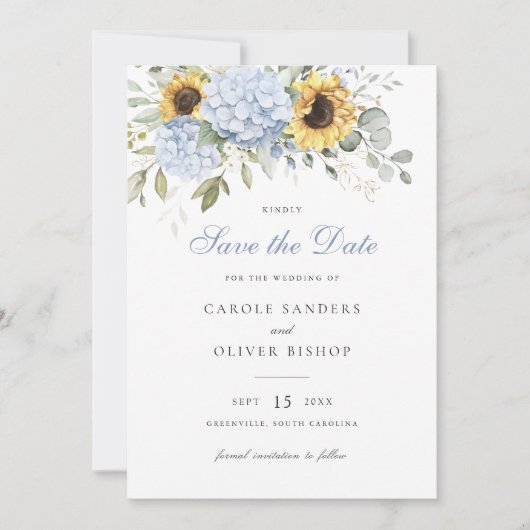 フローラひまわり青あじさい結婚さんの救日付 招待状 (正面)