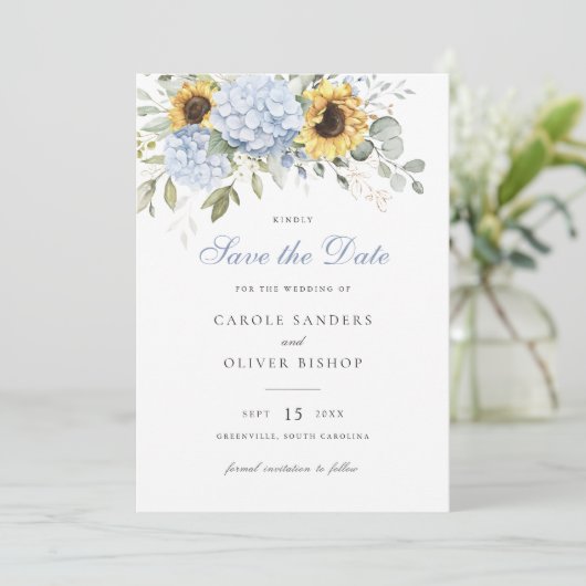 フローラひまわり青あじさい結婚さんの救日付 招待状 (スタンド正面)