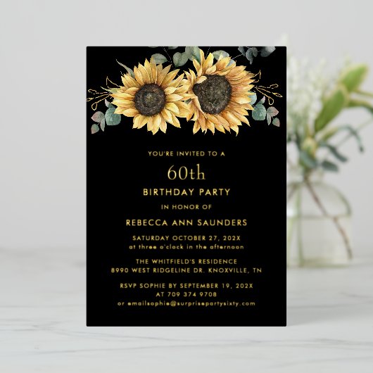 フローラひまわり60thバースデーパーティー金ゴールド 箔招待状 (立ち正面)