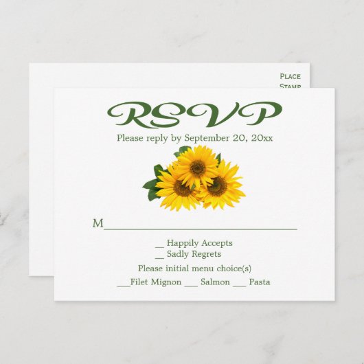 フローラひまわりRSVPグリーンイエローウェディングパーティー インビテーションポストカード (正面/裏面)