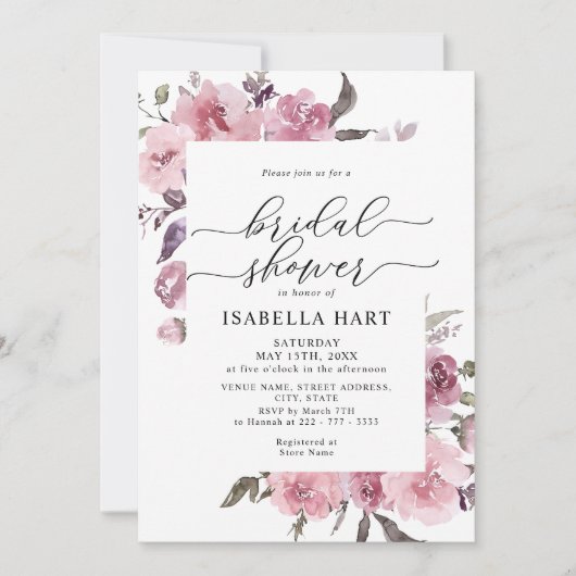 フローラほこりっぽいバラ赤面ピンクの花ブライダルシャワー 招待状 (正面)