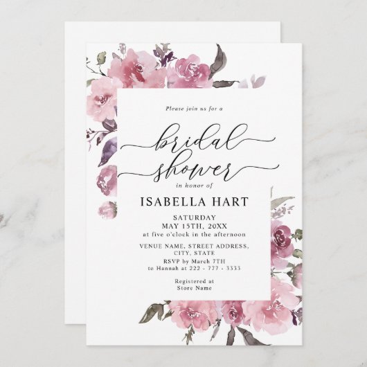 フローラほこりっぽいバラ赤面ピンクの花ブライダルシャワー 招待状 (正面/裏面)