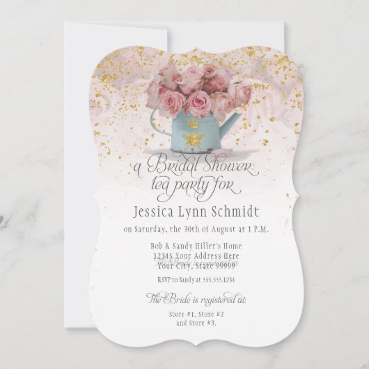 フローラほこりっぽいバラ金ゴールドエレガントブライダルシャワーティー 招待状 (正面)