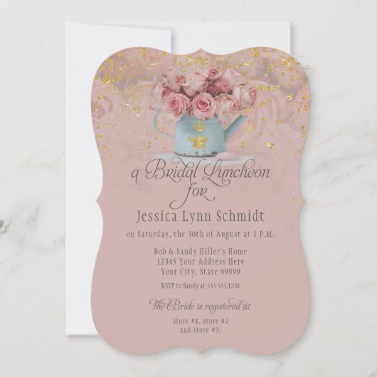 フローラほこりっぽいバラ金ゴールドグリッターブライダルルンチョン 招待状 (正面)