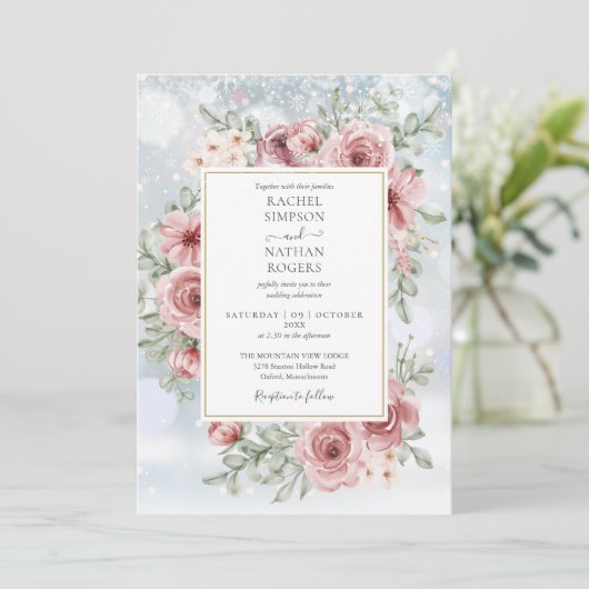 フローラほこりっぽいバラ金ゴールド冬の結婚式 招待状 (スタンド正面)