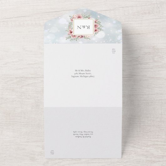 フローラほこりっぽいバラ金ゴールド幾何学的な冬の結婚式 オールインワン招待状 (外側)